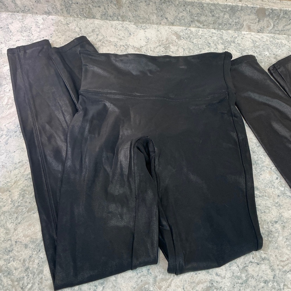 Spanx Leggings Faux Leather Bundle S Black High Waist Side Stripe 2 Pairs